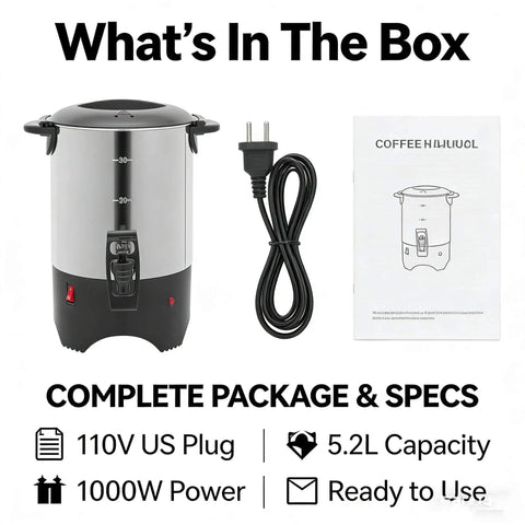 Big Capacity Electric Coffee Percolator Urn 5 Point 2 Liter 1000W Fast Heating Brews Up To 30 Cups Stainless Steel Coffee Warmer
