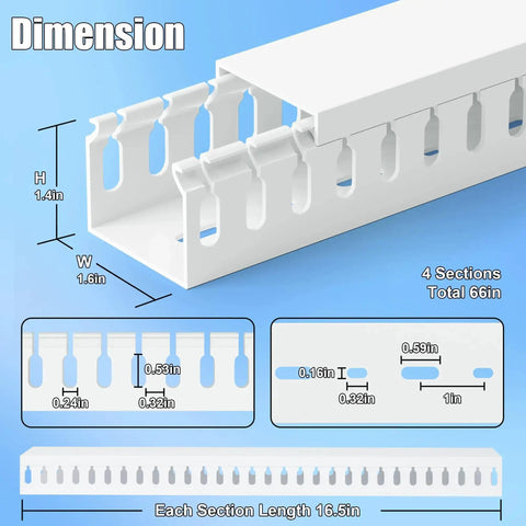 Dimensions of 66 Inch Open Slot Cable Management Raceway Kit for Under Desk Setup, 1.4 in height, 1.6 in width, 16.5 in per section.