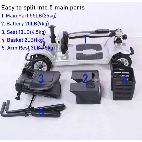 Four Wheel Electric Mobility Scooter disassembled showing 250W Motor, 24V Battery, 350 Lbs Capacity, big comfy seat, and basket.