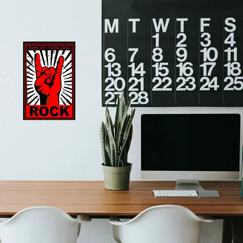 Music Tin Sign For Rock Fans Xanovir Metal Guitar Wall Decor 8x12 Inches With Pre Drilled Holes For Easy Hanging Perfect For Home Office Bars Cafes Pubs And Restaurants on a wall above a desk.