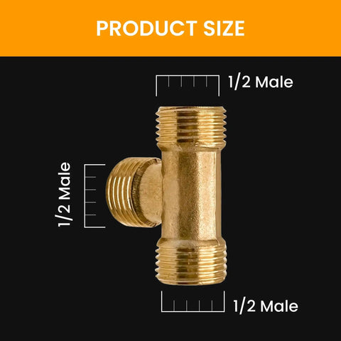 Image of Brass Tee Pipe Fitting Equal Tee 1/2 Inch Male To 1/2 Inch Male To 1/2 Inch Male Plumbing Connector showing dimensions.