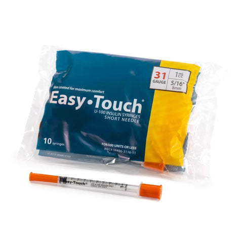 31 Gauge U 100 Insulin Syringes 1cc 5/16 Short Needle Disposable Box Of 100, packaged and single syringe with orange cap.