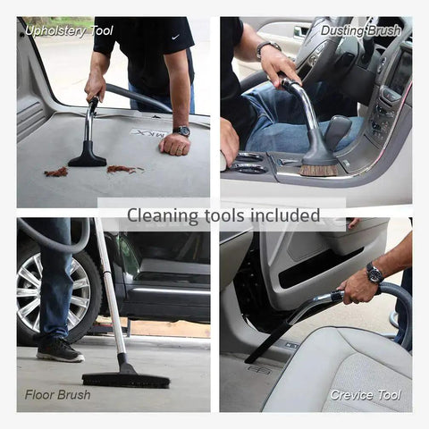 Pro Wall Mount Garage And Car Vacuum With 50 Ft Hose And Tools, heavy duty, shown with upholstery, dusting, floor, and crevice tools