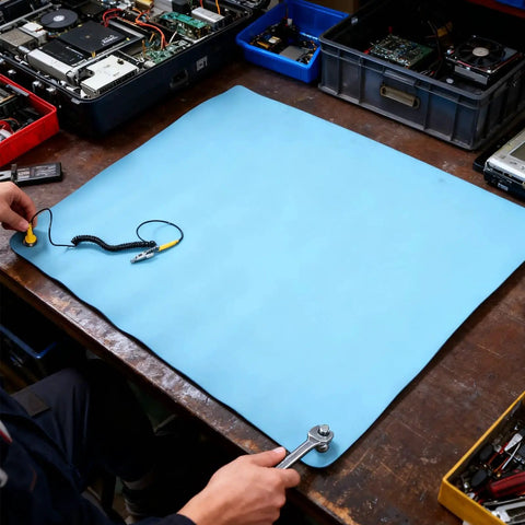 Anti Static ESD Mat For Electronics Repair And PC Building with grounding wire on a workbench with tools and electronics.