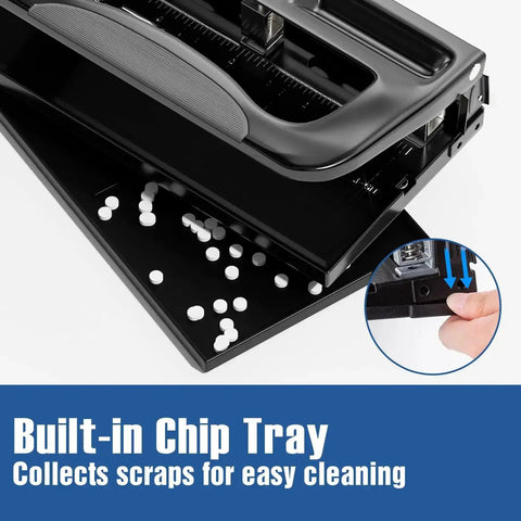 Heavy Duty 2 Or 3 Hole Punch With Adjustable Heads And Non Slip Base Nine Thirty Second Inch Hole Diameter 40 Sheet Capacity with built-in chip tray