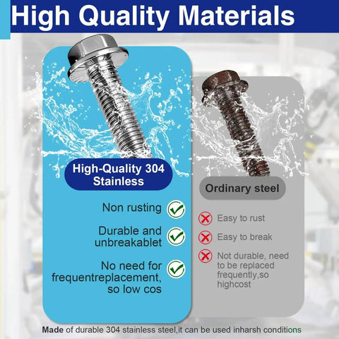 Comparison of 304 stainless steel vs ordinary steel bolts highlighting rust resistance and durability for machinery use.