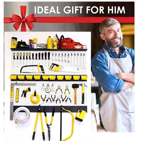 36 Pack Pegboard Bin Kit With 18 Medium And 18 Large Yellow Bins For Garage Workshop Craft Room Office And Workbench Organization All In One Durable Pegboard Storage Bins And Parts Organizer Accessories Made In USA displayed with tools and man in background