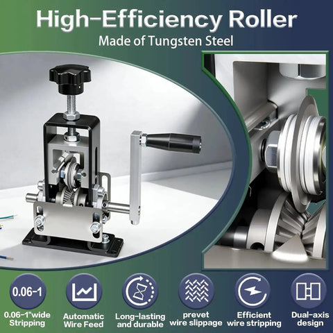 Manual Wire Stripping Tool for Copper Wire 0.06 to 1 Inch Gauge, Drill Powered Hand Crank Stripper Tool, close-up of durable rollers.