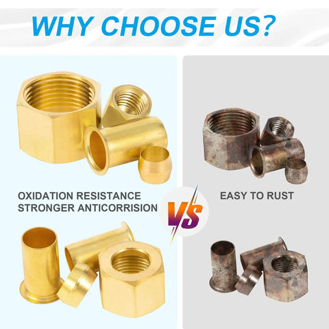 Comparison of brass and rusted nuts, highlighting the Brass 1/4 Inch OD Compression Insert Sleeve Ferrule And Nut Kit 75 Piece Set for corrosion resistance.