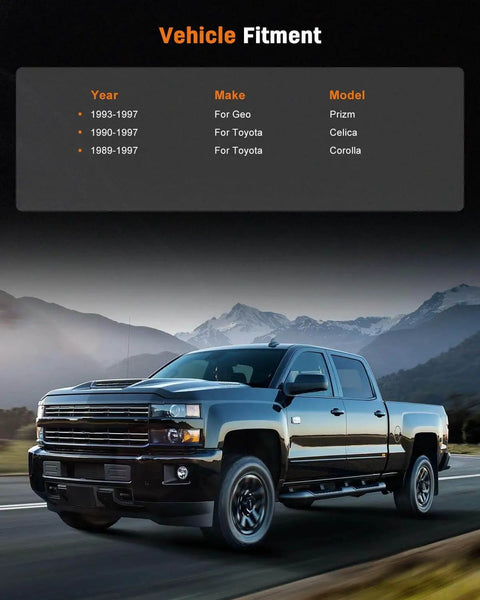 Truck on road with vehicle fitment chart for Toyota Celica and Corolla 1988-1997 above, showcasing compatibility for harmonic balancer crankshaft belt drive pulley replacement.