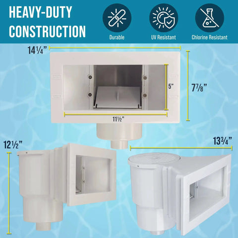 Wide Mouth Thru Wall Above Ground Pool Skimmer Kit With Beefy ABS Construction shown with dimensions.