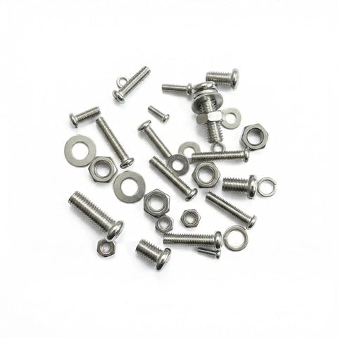 320 Piece Small Metric Machine Screws Set With Nuts And Washers, M2 To M5, includes lock and flat washers, shown scattered on white background