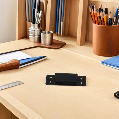 Hidden 5 Inch Black Concealed Wood Door Hinges for Secret Doors and Bookcases shown on a desk with stationery tools.