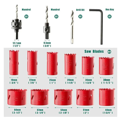 Bi Metal Hole Saw Kit With Mandrels And Case HYCHIKA, 17 Pc High Speed Steel Hole Saw Set for Metal PVC Wood and Plastic components