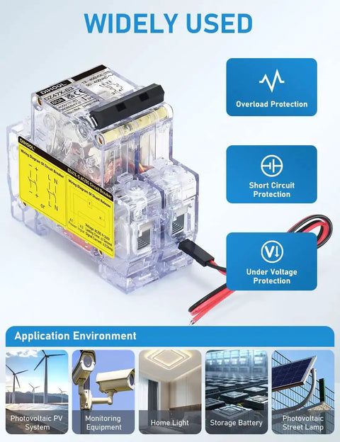 60A DC Circuit Breaker With Remote Control, 12V-400V DC And 90-400V AC, 2 Pole Mini Breaker, DIN Rail Mount Disconnect Switch
