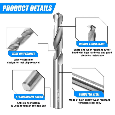 Solid Carbide Drill Bit Set Four Piece Tungsten Carbide Bits One Eighth Inch One Sixteenth Inch Three Sixteenths Inch One Quarter Inch Metal Drill Bits For Aluminum Alloy Copper Steel Hardened Cast Iron Precision Durable Great For Tight Spaces product features with diagrams and labels