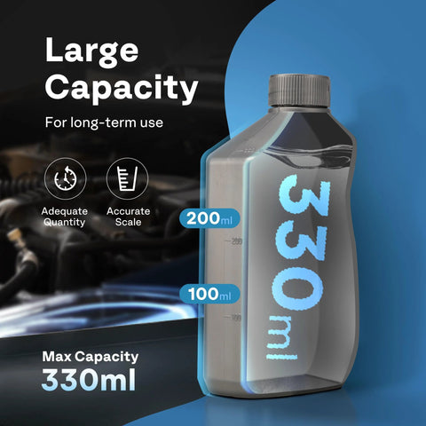 VIVOHOME vacuum pump oil bottle, 330 ml max capacity, front view with black cap and 100/200 ml scale