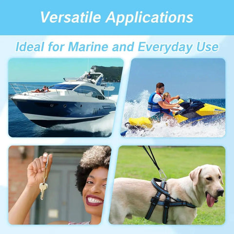Two-pack marine carabiner snap hooks, stainless steel for boat docking; collage shows yacht, jet ski, keys, dog.