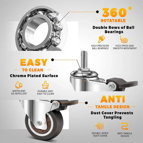 Infographic of 2 Inch Stem Casters Wheels Set Of 4 With Dual Locking For Cart And Furniture, highlighting features like ball bearings and anti-tangle design.