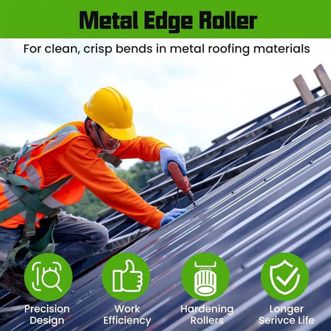 Worker using Three Station Roller Bender With Large Radius Bead Roller on metal roofing, highlighting precision and efficiency.
