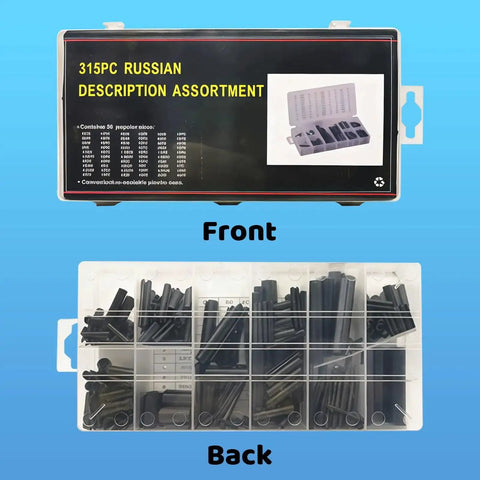 Front and back view of 315-piece heavy duty black roll pin set with 30 sizes slotted spring pins for automotive repair.
