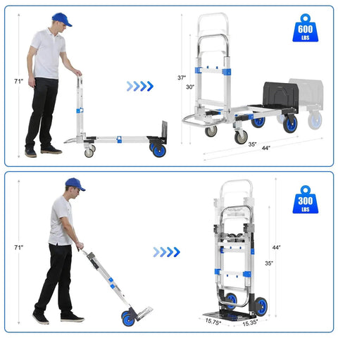 3 In 1 Aluminum Folding Hand Truck Dolly Cart With Wheels Up To 600 Lbs Capacity Heavy Duty Collapsible Convertible Trolley Blue