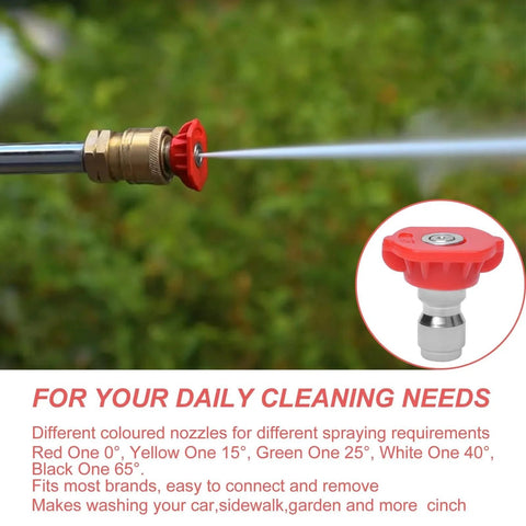 Zero Degree Red Stainless Steel Pressure Washer Nozzle Tips Set One Quarter Inch Quick Connect Orifice Three Point Zero For 2500 3000 3500 4000 PSI Heavy Duty Pack Of Six By Podoy shown in use spraying water.