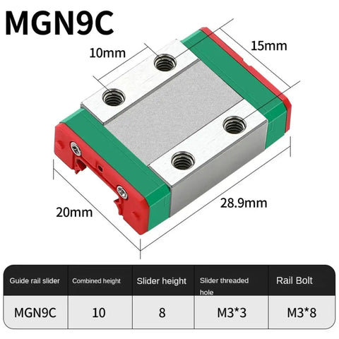 MGN9C linear rail slider for 3D printers and CNC machines, 29.9x20x15mm, with screw holes. High Precision Linear Rail For 3D Printers And CNC Machines MGN7 MGN9 MGN12 MGN15 Compatible 50mm To 1000mm Travel With Hardened Chrome Plated Or Nitrided Surfaces And Built In Wipers For Longer Life And Smooth Motion.