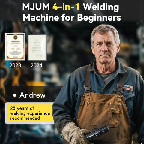 Older man in overalls with welding machine for MJUM 4-in-1 welding, certificates in background, recommended for beginners.