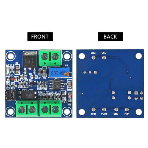 Front and back view of Plug And Play PWM To 0 To 10V Voltage Converter Module For PLC Interfaces 15 To 30V DC.