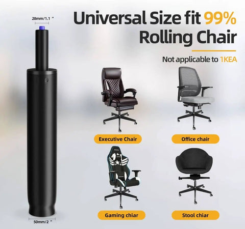 Office Chair Gas Cylinder Replacement Kit With 6 Inch Stroke Heavy Duty Hydraulic Piston, 1000 Lb Capacity, compatible with various chairs, shown with measurements.