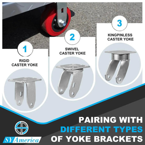 Image showing three types of yoke brackets for Five Inch By Two Inch Polyurethane Caster Wheels Set Of Four Heavy Duty Polyolefin Core Industrial Caster Wheels With 3200 Lbs Load Capacity For Warehousing And Material Handling Ideal For Carts Dollies And Heavy Equipment On Concrete.