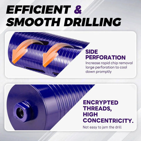Side and front view of Pro Grade 2 Inch Diamond Core Drill Bit Kit With Pilot Bit And Adapters For SDS Plus with perforation details