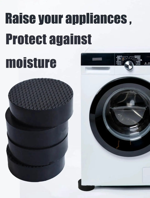 Four black rubber anti-vibration pads for washing machines beside a front-loading washer