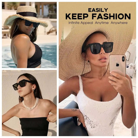 Oversized Square Sunglasses For Women Large Wide Frame Dark Frame Black MS51917 on models outdoors in stylish settings