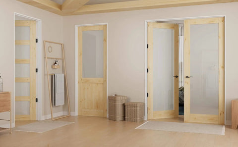 Pine Wood Slab Door With Frosted Glass For Interior Use 36 By 80 Inches Farmhouse Shaker Style shown in a modern room setup