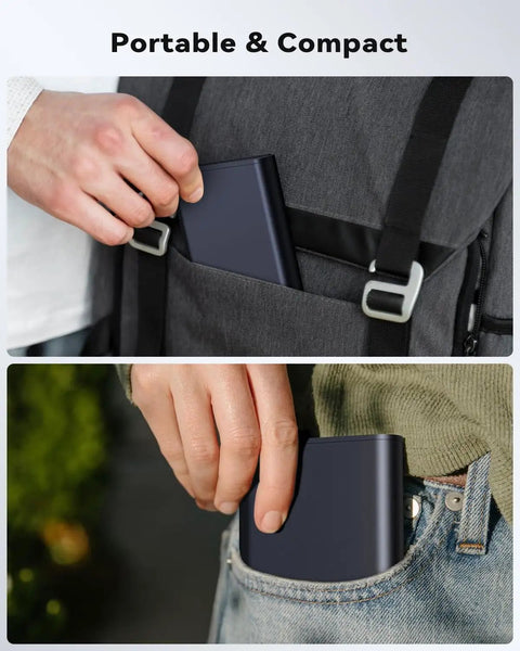 Person placing black portable device in backpack and jeans pocket, showcasing compact size