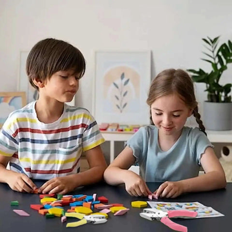 Two children using the 12 Piece Multicolor Single Hole Puncher Set, Quarter Inch Metal Handheld Circle Punch With Soft Grip for crafts.