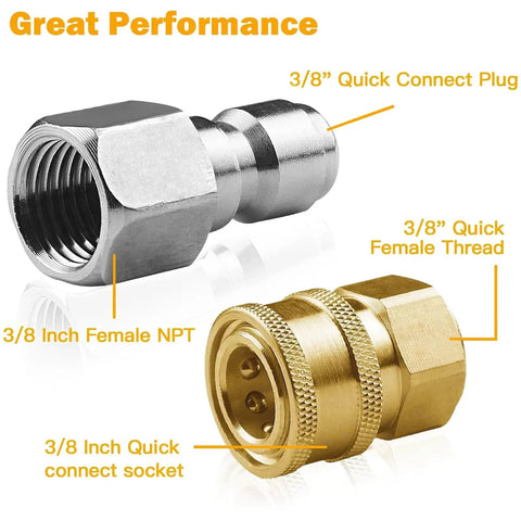 8 Pack Three Eighths Inch Stainless Steel Pressure Washer Quick Connect Fittings Set Internal Thread Adapters NPT Male And Female Up To 5000 PSI For High Pressure Washers