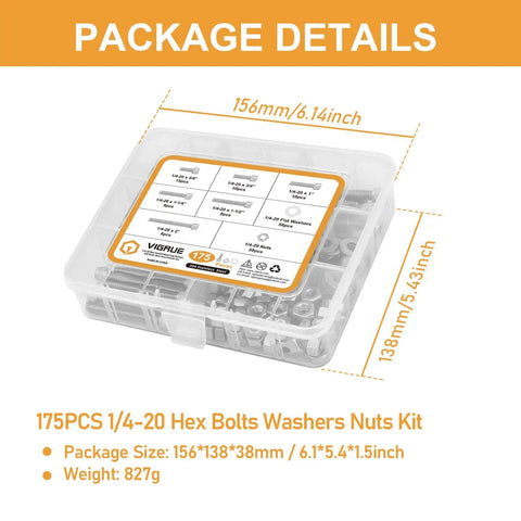 Must-Have 1/4-20 Hex Socket Head Cap Screws Set, 175-piece stainless steel 304 kit in labeled plastic box with hex bolts visible