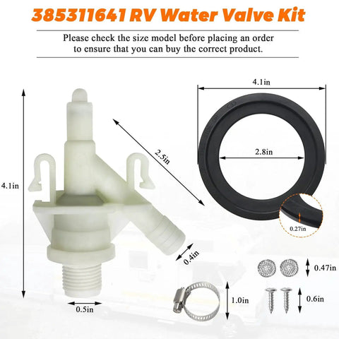Upgraded RV Toilet Valve Kit With Flush Ball Seal 385311641 visible with valve, flush seal, and fasteners, durable construction.