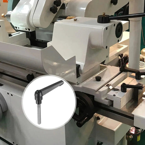 Adjustable Clamping Lever Handle M8 X 50mm 304 Stainless Steel Black installed on a machine in a workshop setting