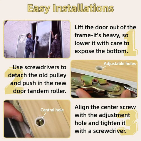 Easy installation steps for 2 Pack Gliding Patio Door Tandem Roller Assembly showing door removal and roller attachment process.