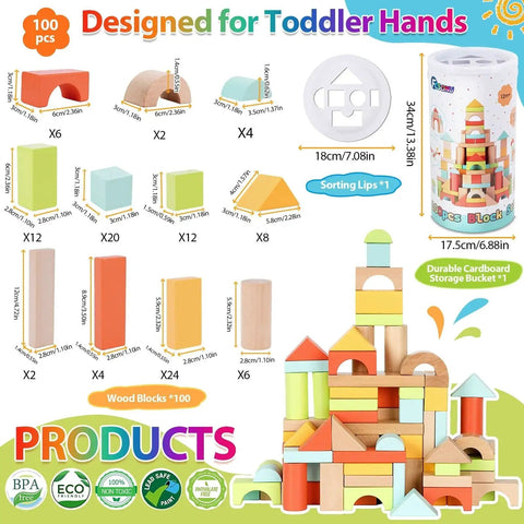Wooden Building Blocks Set For Toddlers Ages 1 To 3, 100 Pcs With Storage Drum And Shape Lid, colorful blocks shown with details