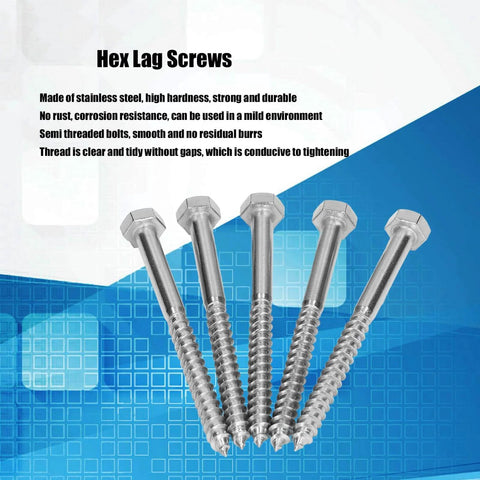 Self Tapping Hex Lag Screws, 304 Stainless Steel, Half Thread, shown with hex heads for wood carpentry and wooden structures.