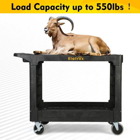 Large Heavy Duty Plastic Utility Cart With Flat Top Measuring Forty Two Point Five By Twenty Five Inches supporting goat