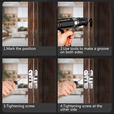 Installation steps of Heavy Duty Hidden Hinges 1-3/4 Inch Stainless Steel Concealed Barrel Hinge Set in a wooden door
