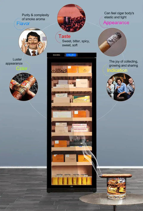 Premium 380L Humidor Cabinet with Constant Temperature and Humidity, wood frame in piano black finish, with premium cedar trays.