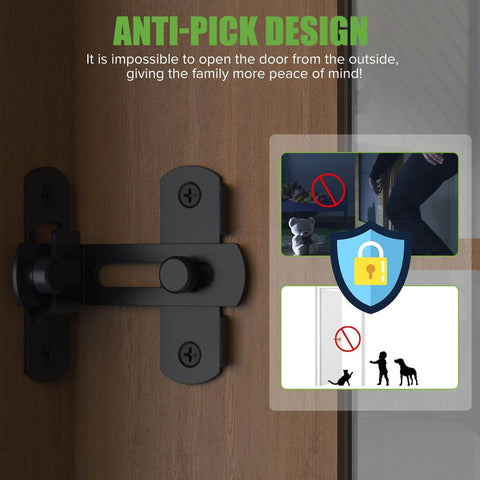 Two Pack Stainless Steel 90 Degree Barn Door Lock Bifold Flip Latch For Barn, Bathroom, Outdoor And Garage In Black Finish installed