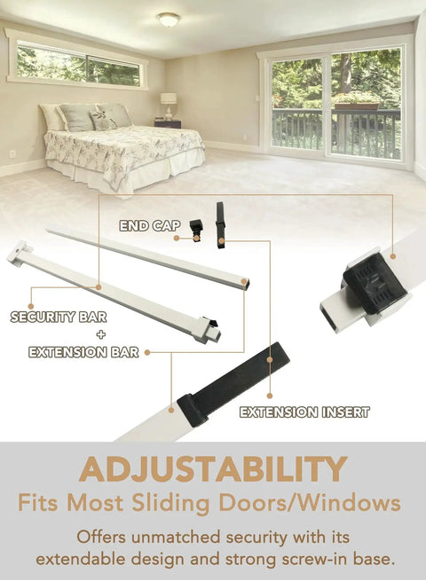 Extendable Sliding Door Security Lock Bar For Child Safety, Anti Lift Lock, adjustable 19 to 51 inches with three bars shown.